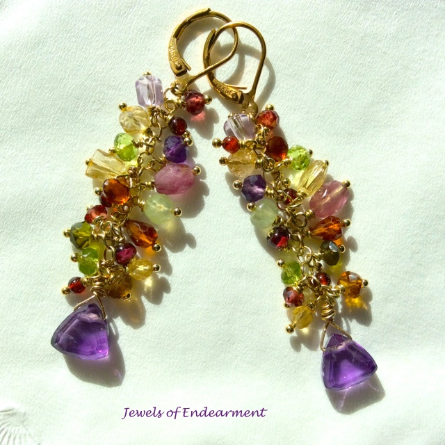 Amethyst Confection Earrings   Amethyst, periodot, garnet, yellow citrine, madeira citrine and turmaline frolic and sparkle together